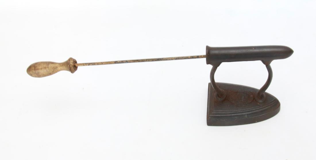 RARE COMBINATION IRON: SAD IRON AND GOFFERING IRON WITH ORIGINAL POKER - SIZE "ZERO" . 4 1/2" X 4 1/2" - POKER 13"