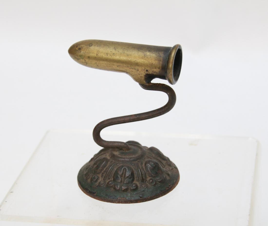 RIBBON GOFFERING IRON: SMALL SIZE WITH BRASS BARREL AND ROUND DECORATED BASE . 2" BARREL