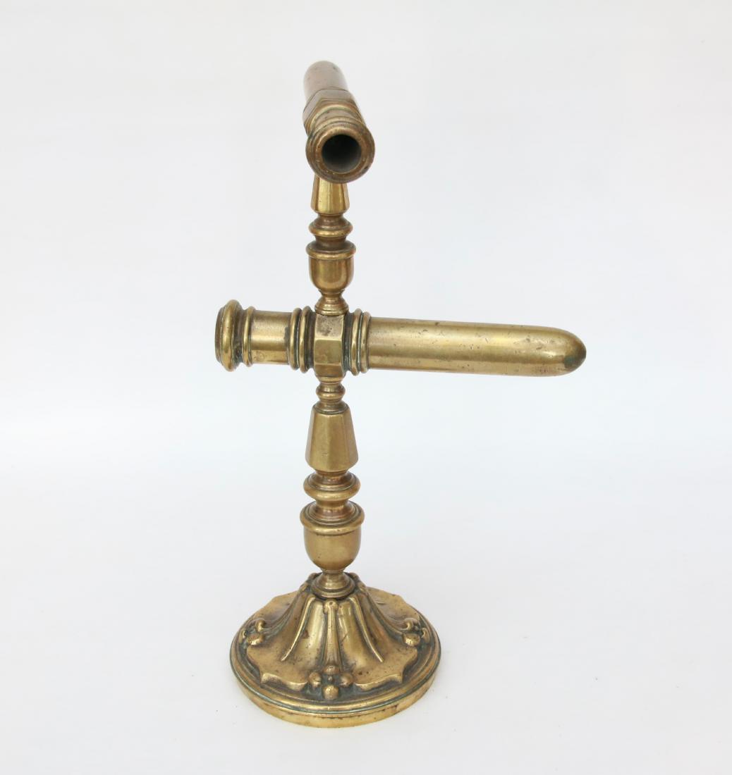 GOFFERING IRON: DOUBLE BARREL BRASS IRON WITH FACETED POSTS, DECORATIVE BASE, IN LARGE SIZE . 14" H