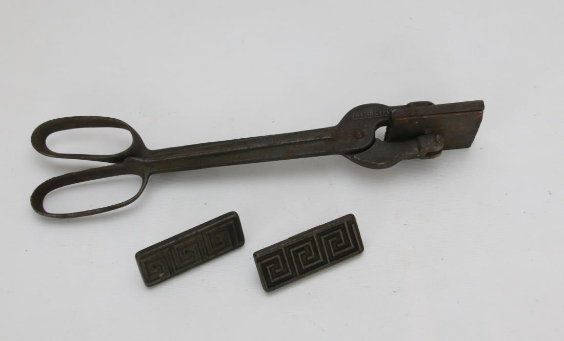 CAST IRON FLUTING SCISSORS: PATENT DECEMBER 12, 1871 - J.W. MCKEE AND CO. - WITH EXTRA EMBOSSING PLATES . 14" L