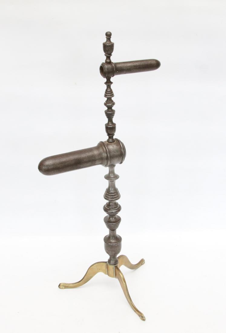 DOUBLE GOFFERING IRON: WONDERFUL DOUBLE BARREL GOFFERING IRON - TURNED POST - BRASS QUEEN ANNE BASE - TOP CENTER FINIAL . 5 1/2" AND 3 3/4" BARRELS