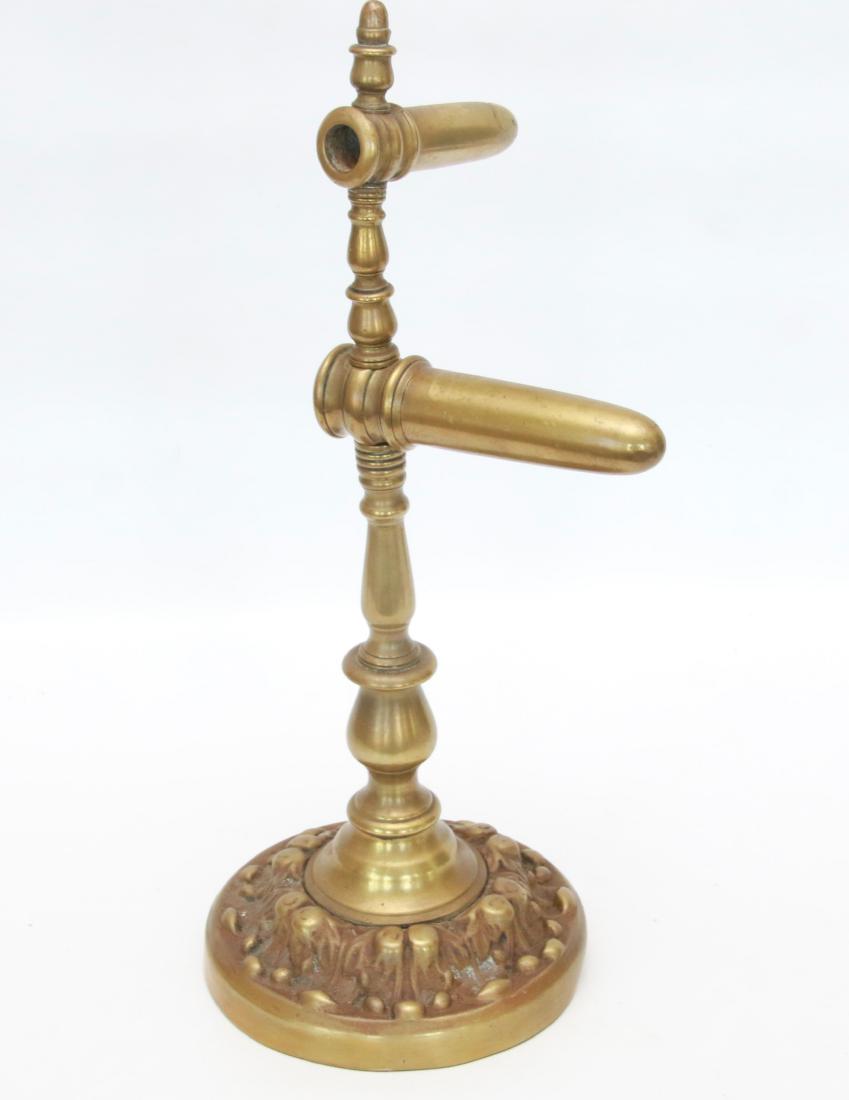 BRASS GOFFERING IRON: DOUBLE BARREL GOFFERING IRON WITH TURNED POSTS, ROUND BASE - CIRCA EARLY 1800'S . 5" AND 3 1/2" BARRELS