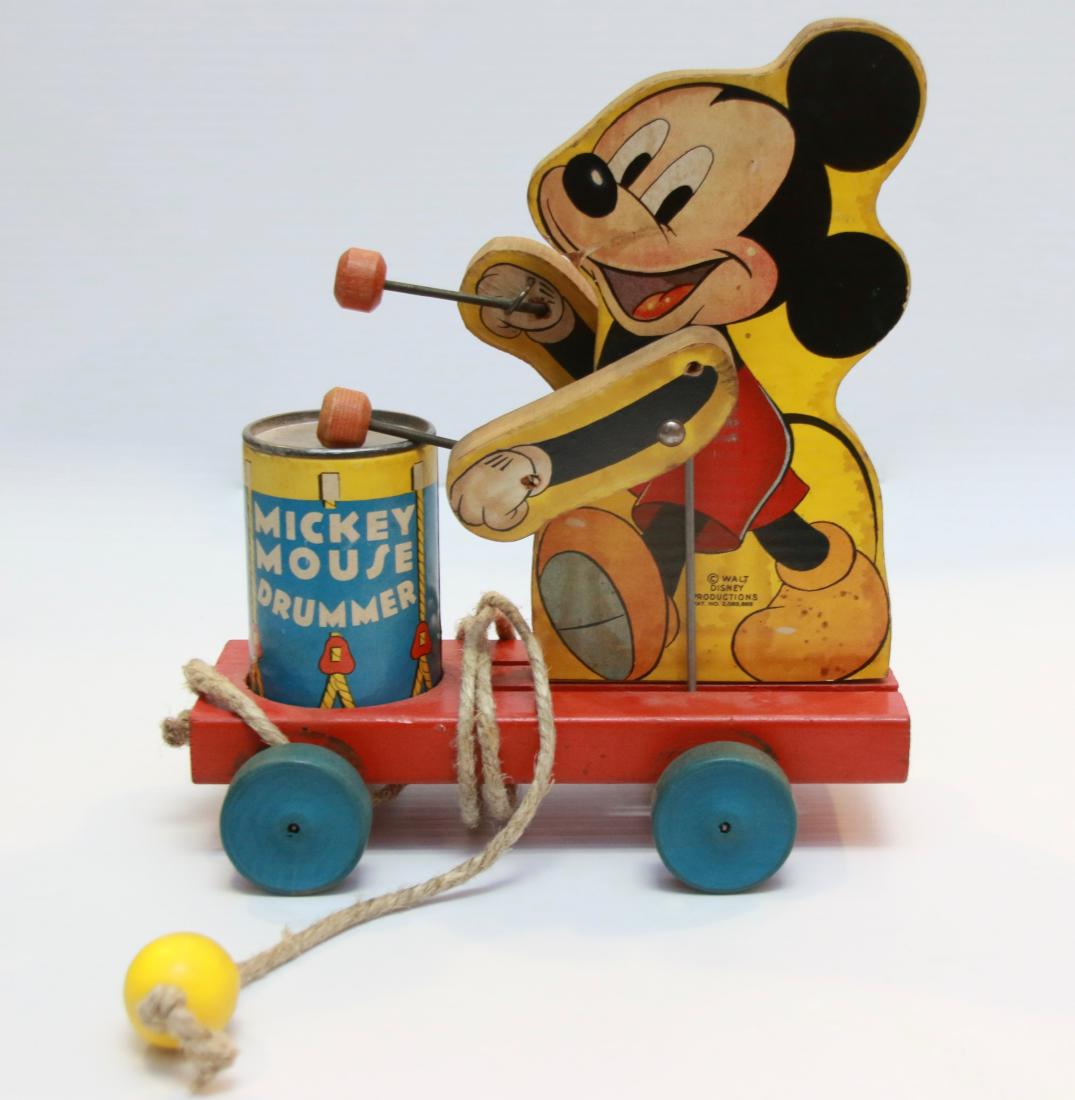 WOODEN MICKEY MOUSE PULL TOY: 1941 WALT DISNEY PRODUCTIONS FOR FISHER PRICE - MICKEY MOUSE DRUMMER - WOOD AND TIN Size:7 1/2" X 8 1/2"