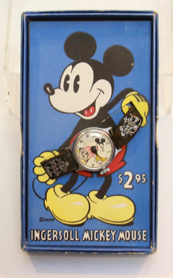 VINTAGE MICKEY MOUSE WRIST WATCH: INGERSOLL MICKEY MOUSE WATCH IN ORIGINAL BOX - LEATHER BAND WITH MICKEY MOUSE MOTIF