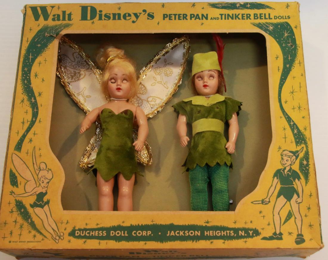PR. OF WALT DISNEY DOLLS: PETER PAN AND TINKERBELL - IN ORIGINAL BOX BY; DUCHESS DOLL CORP. Size:7 1/2" H