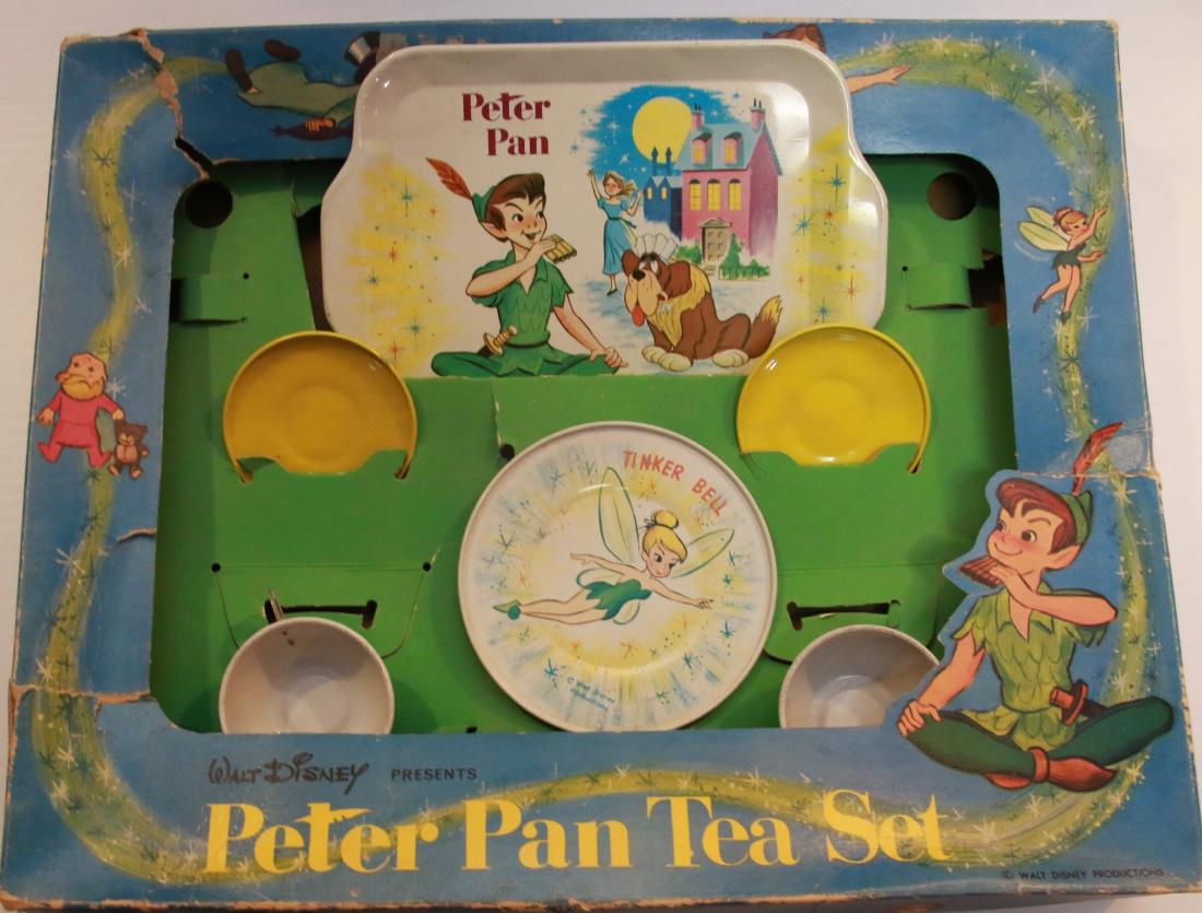 PETER PAN TIN LITHO TEA SET: IN ORIGINAL BOX - 6 TOTAL PIECES (INCOMPLETE) - J. CHEIN Size:7 1/2" X 5 1/2" TRAY