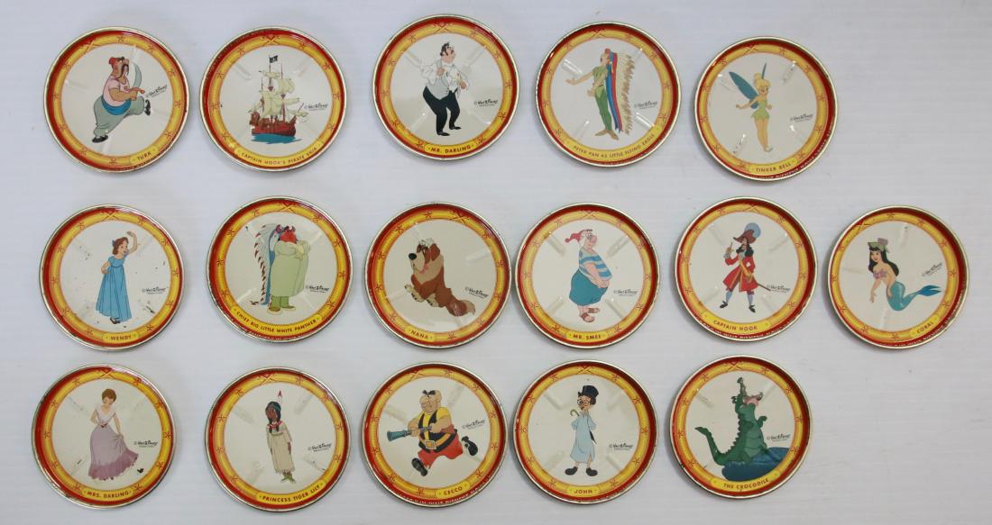 GROUP LOT OF TIN LITHO COASTERS: MARKED WALT DISNEY PRODUCTIONS - DEPICTING CHARACTERS FROM PETER PAN AND OTHERS - (16) TOTAL Size:3" DIAMETER