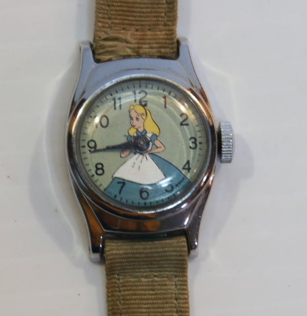 CHILDS ALICE IN WONDERLAND WRIST WATCH: CANVAS BAND - MARKED U.S. TIME Size:3/4" DIAMETER