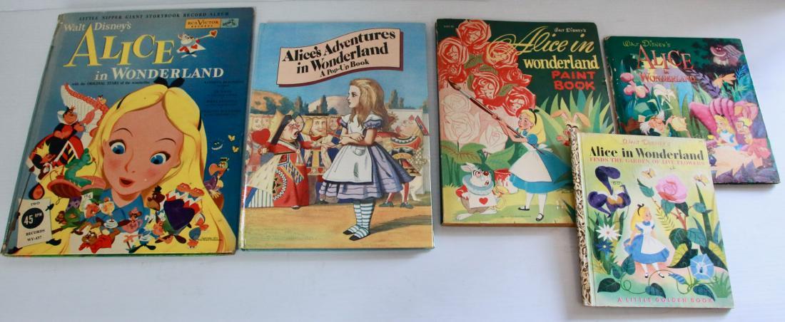 GROUP LOT OF ALICE IN WONDERLAND BOOKS: (5) BOOKS INCLUDING - 1951 LITTLE GOLDEN BOOK "ALICE IN WONDERLAND FINDS THE GARDEN OF LIVE FLOWERS" - 1951 "ALICE IN WONDERLAND" WHITMAN PUBLISHING CO. - ALICE IN WONDERLAND 1951 PAINT BOOK, WALT DIS