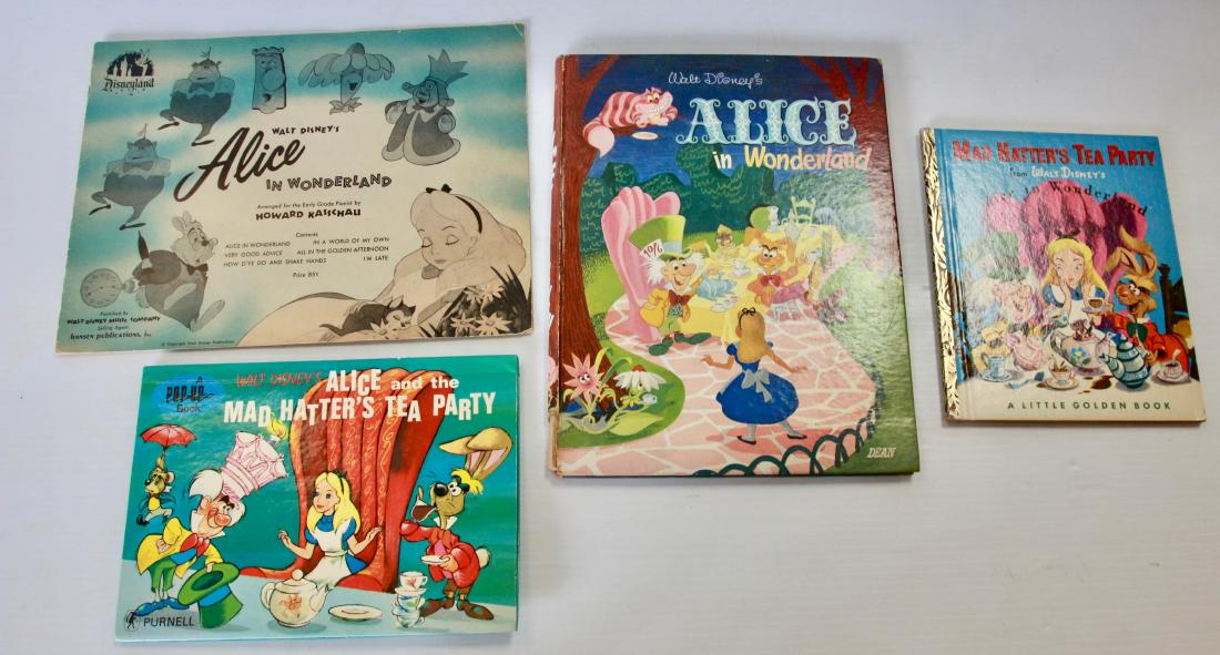 GROUP LOT OF ALICE IN WONDERLAND BOOKS: (4) BOOKS INCLUDING - "MAD HATTER'S TEA PARTY" LITTLE GOLDEN BOOK 1951 - "ALICE AND THE MAD HATTER'S TEA PARTY" POP-UP BOOK PUBLISHED 1969 WALT DISNEY PRODUCTIONS - "ALICE IN WONDERLAND" 1951 DEAN & S