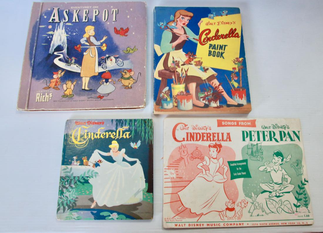 GROUP LOT OF CINDERELLA BOOKS: (4) BOOKS INCLUDING - "CINDERELLA" 1950 WALT DISNEY PRODUCTIONS, WHITMAN PUBLISHING CO. - "CINDERELLA" PAINT BOOK 1950, WALT DISNEY PRODUCTIONS - "CINDERELLA AND PETER PAN" SONG BOOK 1953, WALT DISNEY