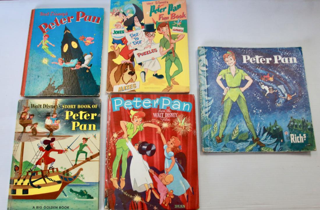 GROUP LOT OF PETER PAN BOOKS: (5) BOOKS INCLUDING - "PETER PAN FUN BOOK" 1952 WALT DISNEY PRODUCTIONS - "PETER PAN" BY; SUNSHINE PRESS, LONDON - "STORY BOOK OF PETER PAN" 1953 WALT DISNEY PRODUCTION - "PETER PAN" 1953 DEAN & SON,