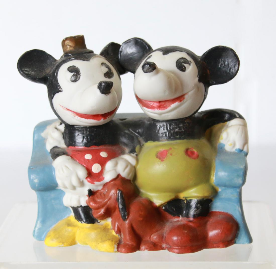 VINTAGE MICKEY AND MINNIE MOUSE TOOTHBRUSH HOLDER: MICKEY AND MINNIE SITTING ON A COUCH WITH PLUTO - MARKED "WALT E. DISNEY" MADE IN JAPAN 5335 Size:4" X 3 1/2"
