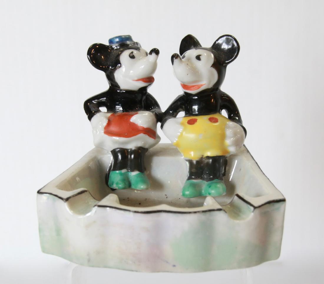 VINTAGE MICKEY AND MINNIE MOUSE ASHTRAY: CIRCA 1930'S - MADE IN JAPAN - HAND PAINTED BISQUE Size:4" X 3 1/4"