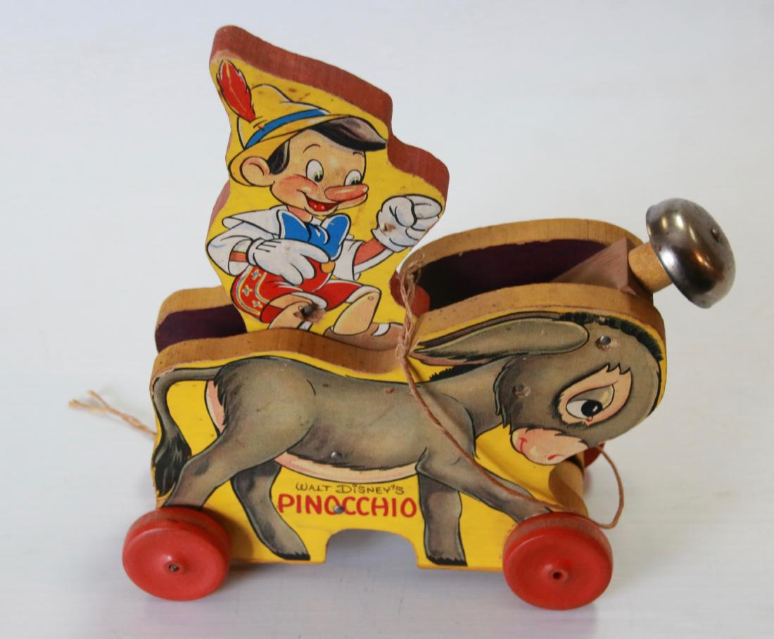 PINOCCHIO AND DONKEY PULL TOY: WOOD LITHOGRAPHED BY FISHER PRICE #494 - MARKED 1939 WALT DISNEY PRODUCTIONS Size:8" X 8 3/4"