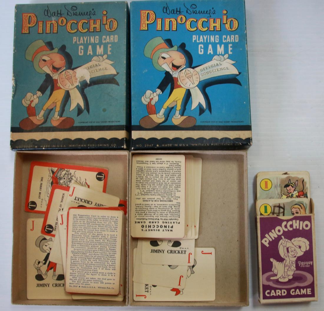 GROUP LOT OF PINOCCHIO CARD GAMES: PINOCCHIO DECK OF CARDS - (2) PLAYING CARD GAMES (COPYRIGHT 1939 #3947 WALT DISNEY PRODUCTIONS) Size:3 3/4" X 2 3/8" - 5" X 6 1/2"