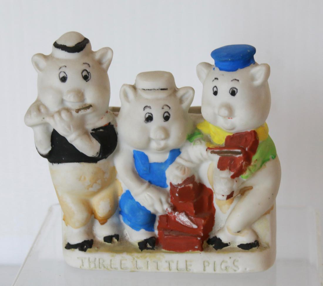 THREE LITTLE PIGS TOOTHBRUSH HOLDER: HAND PAINTED BISQUE - MADE IN JAPAN, WALT DISNEY - WITH WHITE BASE Size:4" X 4"