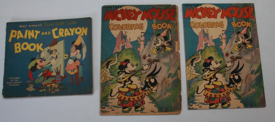 GROUP LOT OF MICKEY MOUSE BOOKS: (3) INCLUDING - "WALT DISNEYS BRAVE LITTLE TAILOR" PAINT AND CRAYON BOOK, 1938 WALT DISNEY ENTERPRISES (SOME PAGES COLORED) - (2) "ANOTHER MICKEY MOUSE COLORING BOOK" COPYRIGHT 1935 WALT DISNEY ENTERP