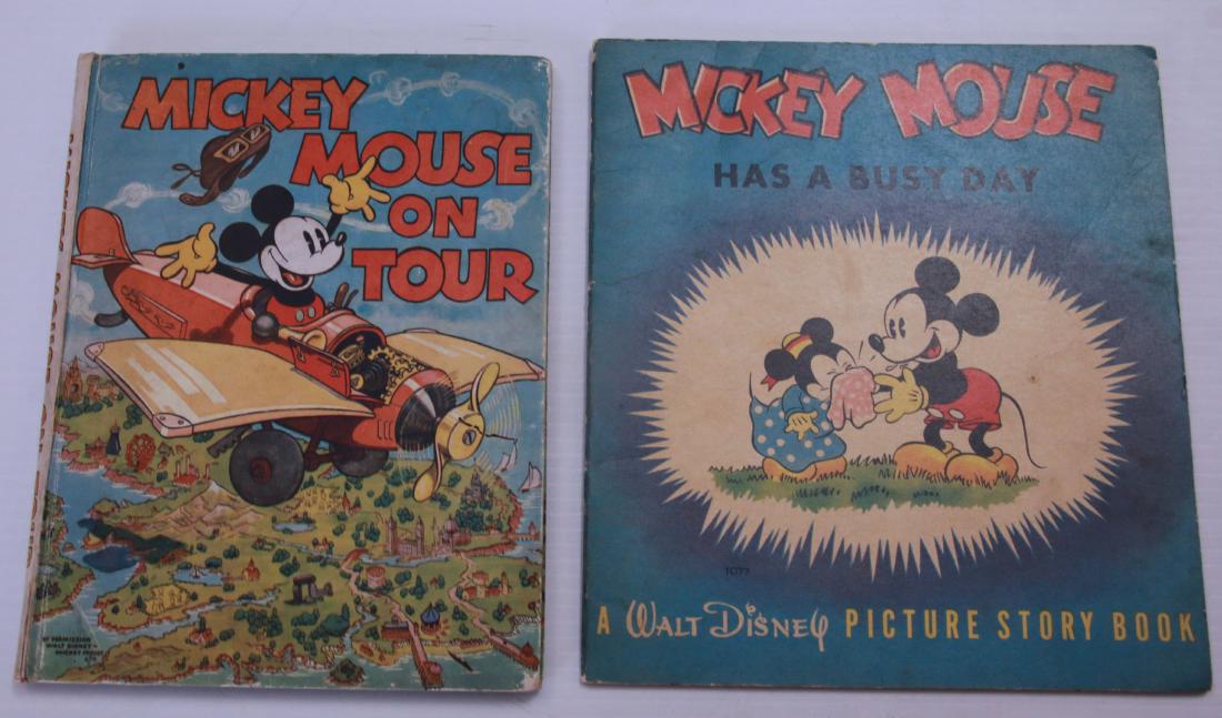 PR. OF MICKEY MOUSE BOOKS: "MICKEY MOUSE ON TOUR" BIRN BROTHERS PUBLISHING, PRINTED IN ENGLAND, CIRCA 1930'S (RE-STITCHED) - "MICKEY MOUSE HAS A BUSY DAY" 1937 WALT DISNEY ENTERPRISES (SOME COLORING INSIDE)