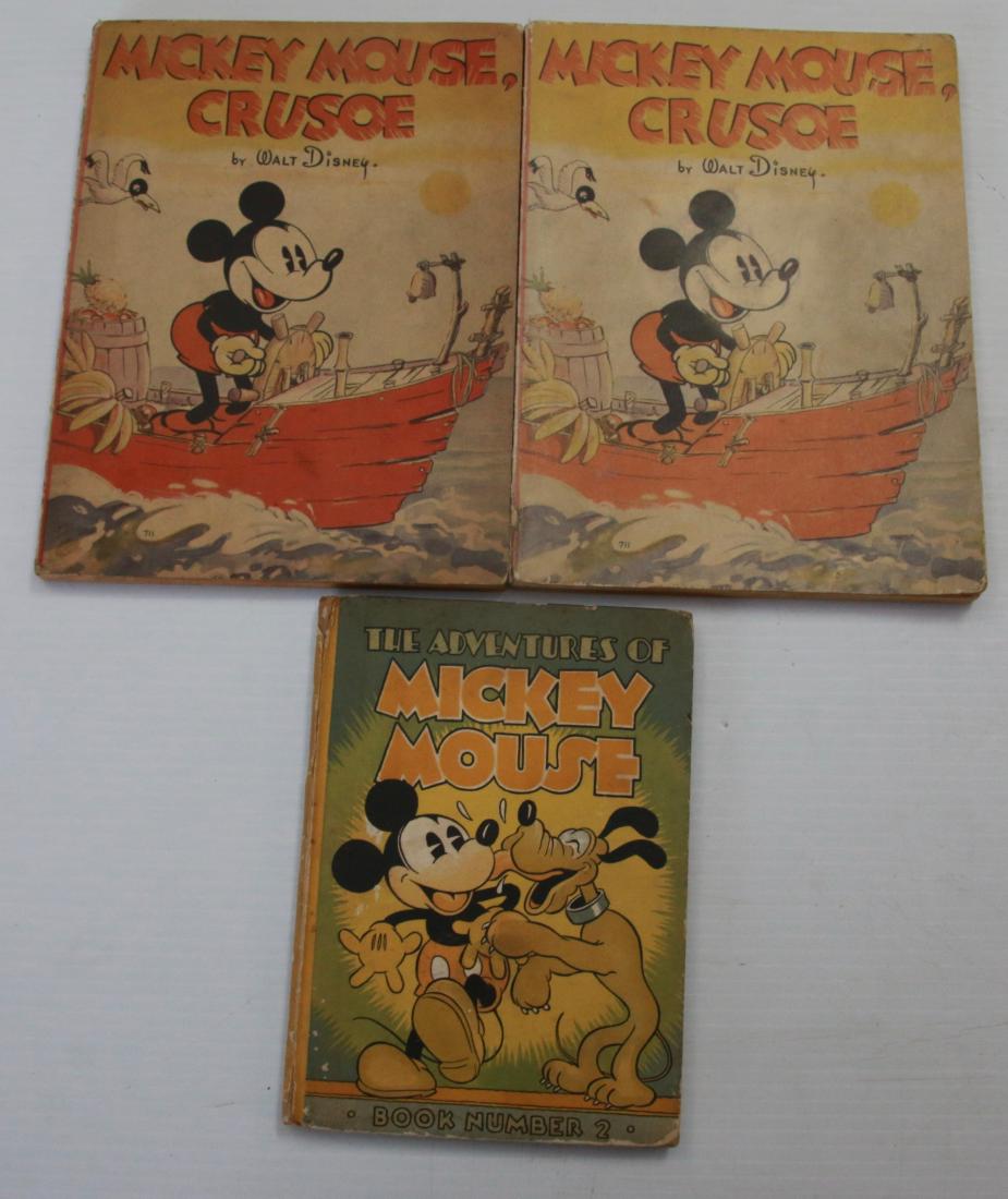GROUP OF VINTAGE MICKEY MOUSE BOOKS: (3) INCLUDING - "ADVENTURES OF MICKEY MOUSE" BOOK #2 1932, WALT DISNEY PRODUCTIONS, PHILADELPHIA - (2) "MICKEY MOUSE CRUSOE" WALT DISNEY, 1938