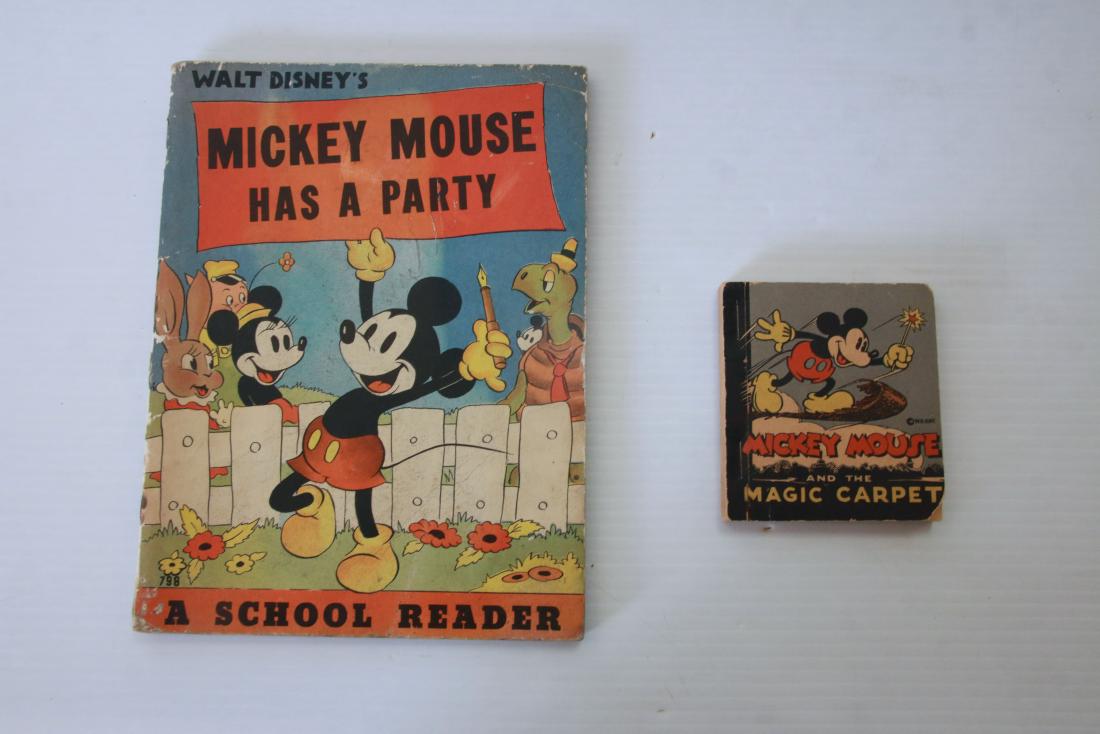 LOT OF VINTAGE WALT DISNEY MICKEY MOUSE BOOKS: VERY RARE 1935 MICKEY MOUSE AND THE MAGIC CARPET" PUBLISHED BY KAY KAMEN, INC. NEW YORK; AND 1938 WALT DISNEY'S "MICKEY MOUSE HAS A PARTY" SCHOOL READER WHITMAN PUBLISHING CO, RACINE, WISCONSIN