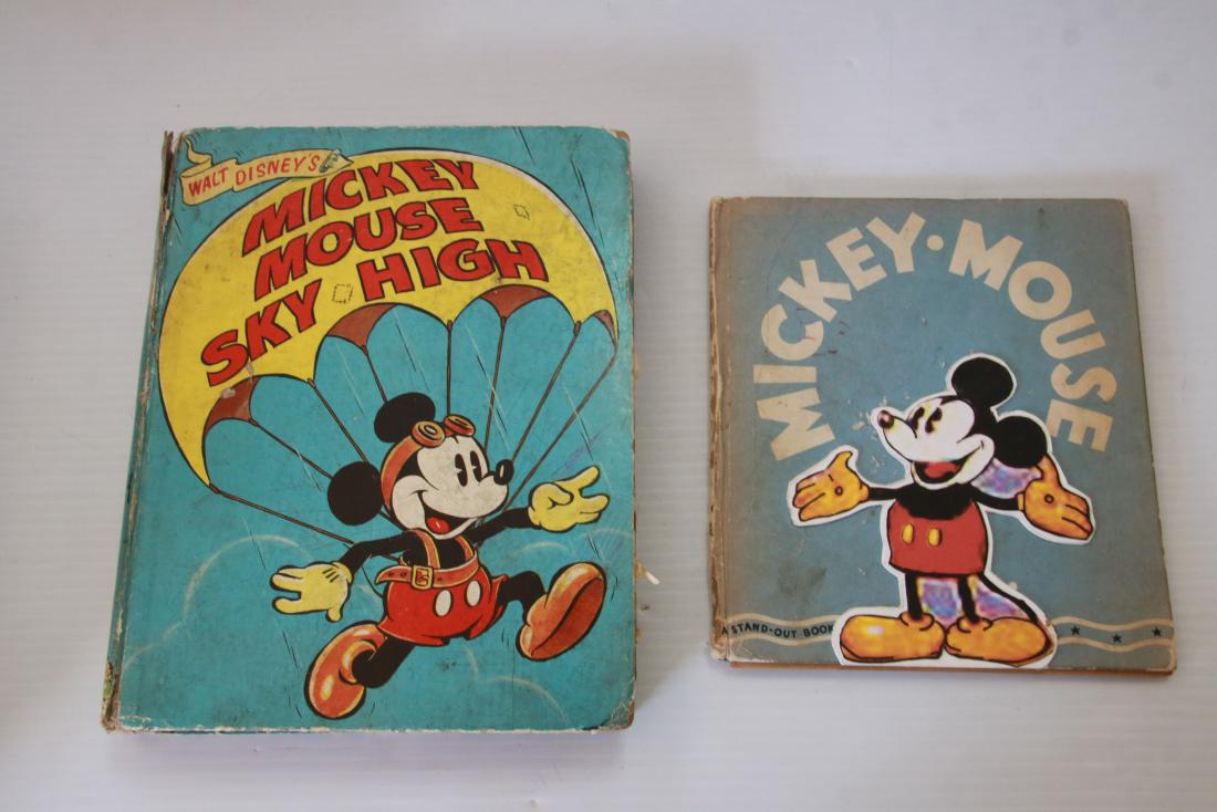PAIR OF EARLY MICKEY MOUSE BOOKS: 1936 TITLED "MICKEY MOUSE SKY HIGH", PUBLISHED BY BIRN BROTHERS LTD PRINTED IN ENGLISH (COLORED INTERIOR); 1936 MICKEY MOUSE STANDOUT BOOK PUBLISHED BY WHITMAN CO RACINE WISCONSIN