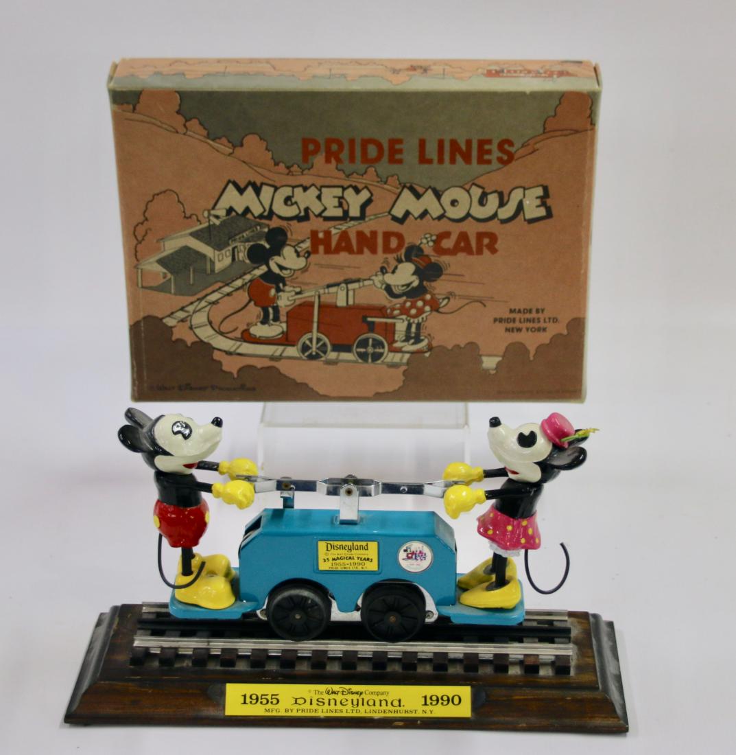 MICKEY MOUSE HAND CAR AND BOX: PRIDE LINE # 1100 MICKEY MOUSE HAND CAR, BOX, AND DISPLAY TRACK - 35 MAGICAL YEARS 1955-1990, PRIDE LINES, AND WITH PURCHASE LETTER