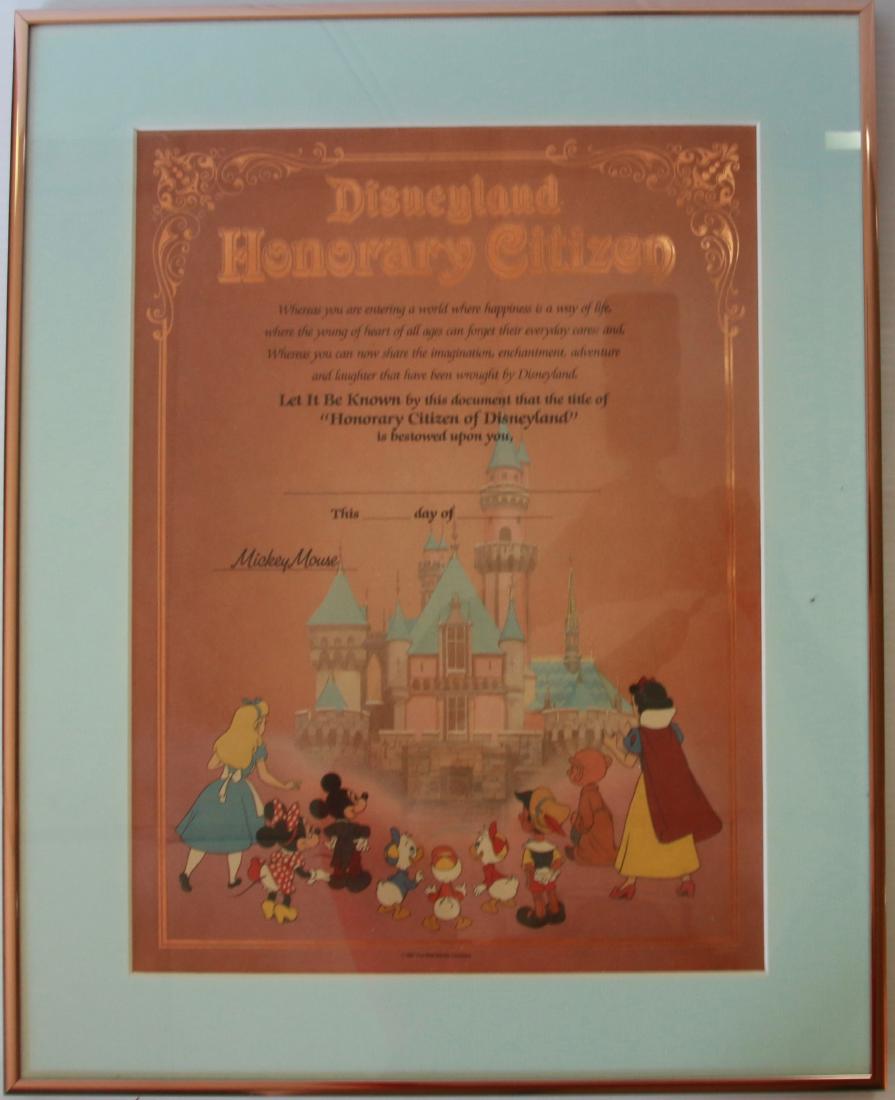 DISNEYLAND HONORARY CITIZEN FORM: 1987 THE WALT DISNEY COMPANY - FRAMED AND MATTED UNDER GLASS Size:15 X 19 FRAMED