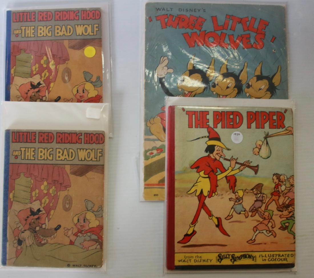 GROUP LOT OF VINTAGE WALT DISNEY BOOKS: (3) INCLUDING - "THREE LITTLE WOLVES" (DETACHED COVERS) 1937, U.S.A. - "THE PIED PIPER" 1934, GREAT BRITAIN - (2) "LITTLE RED RIDING HOOD" 1934, PHILADELPHIA (ONE PAGE COLORED IN)