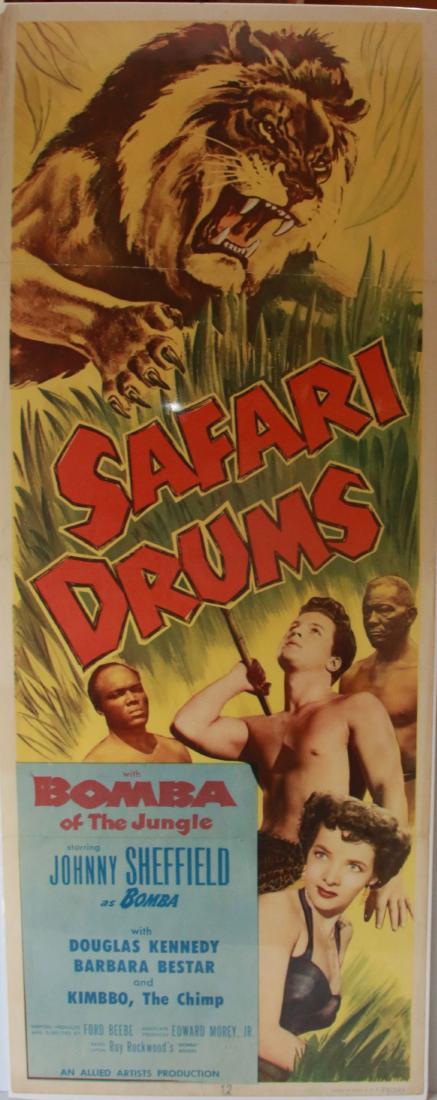 VINTAGE MOVIE POSTER: SAFARI DRUMS" WITH BOMBA OF THE JUNGLE - MADE IN THE U.S.A Size:14" X 36