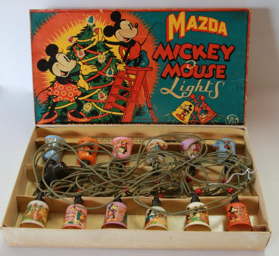 MAZDA MICKEY MOUSE LIGHTS: MADE IN ENGLAND, 12 DECAL LIGHTS, MICKEY AND MINNIE MOUSE, IN ORIGINAL BOX - 220/260 VOLT - EUROPEAN PLUG - BRITISH THOMSON-HOUSTON CO.