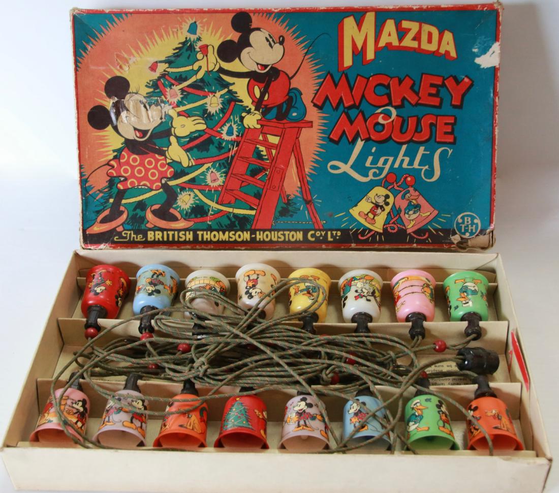 MAZDA MICKEY MOUSE LIGHTS: 16 DECAL LIGHTS, DISNEY CHARACTERS, MADE IN ENGLAND, SHADES MADE IN CANADA, IN ORIGINAL BOX, 220/260 VOLT, EUROPEAN PLUG - BRITISH THOMSON-HOUSTON CO.