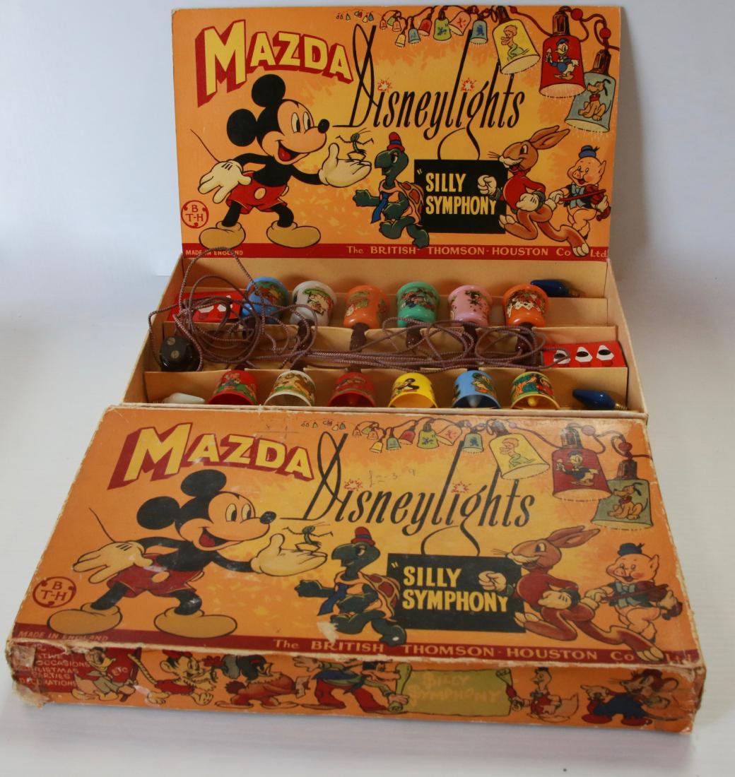 MAZDA DISNEY LIGHTS "SILLY SYMPHONY": 12 DECAL LIGHTS, BRITISH THOMSON-HOUSTON CO, IN ORIGINAL BOX, EUROPEAN PLUG, AND EXTRA BULBS