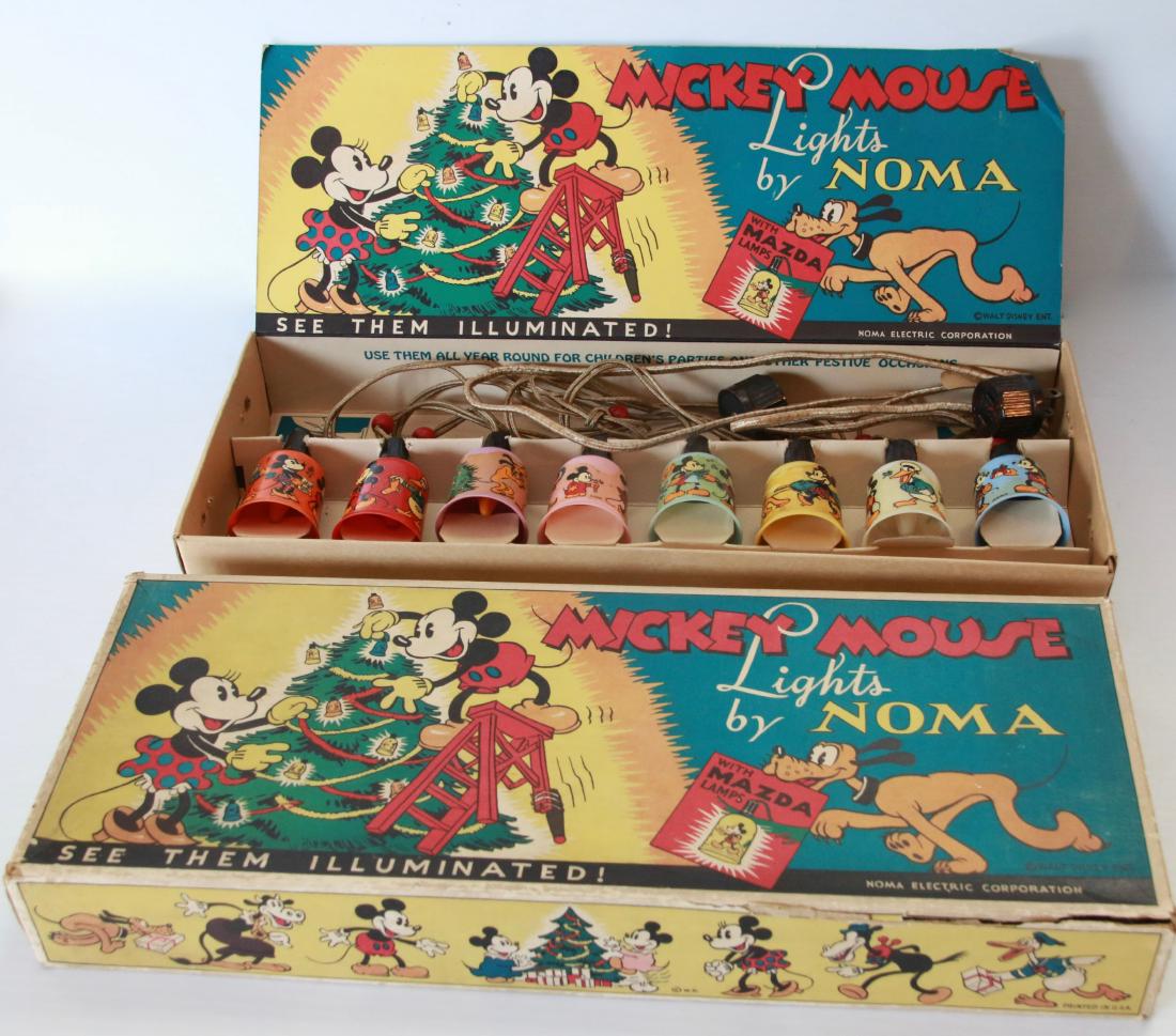 NOMA MICKEY MOUSE CHRISTMAS LIGHTS: IN ORIGINAL BOX, (8) LIGHTS WITH DECALS, WITH POP-UP - CATALOG #105