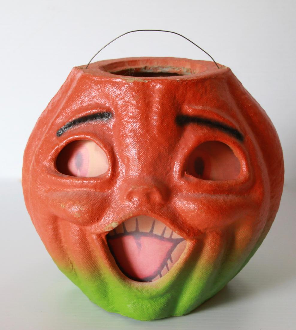VINTAGE HALLOWEEN JACK-O-LANTERN: PAPER MACHE WITH HANDLE - REPLACED PAPER INSERT Size:8 1/2" X 7"