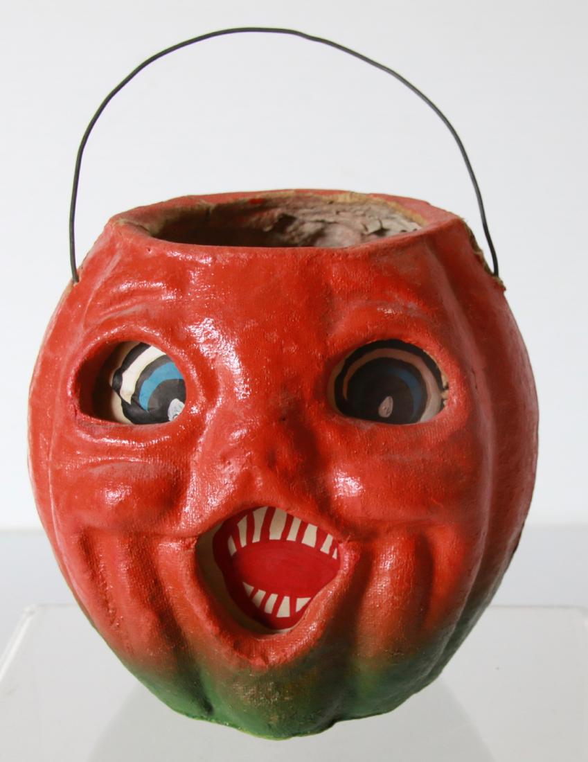 VINTAGE HALLOWEEN JACK-O-LANTERN: PAPER MACHE WITH HANDLE - REPLACED PAPER INSERT Size:5" X 4 1/2"