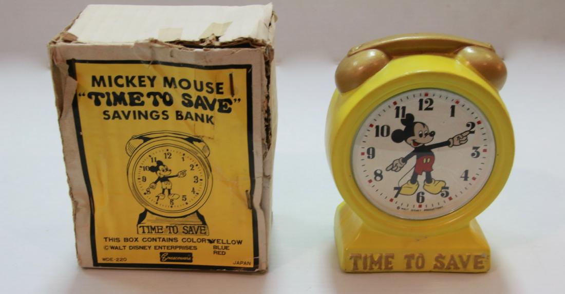 VINTAGE MICKEY MOUSE BANK: 1950'S SAVINGS BANK, MADE IN JAPAN BY; ENESCO WITH ORIGINAL BOX SIZE:4" X 5 1/2"