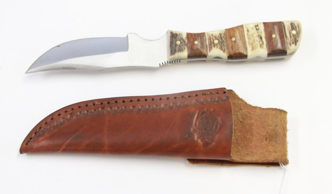 FOX N' HOUND CUSTOM KNIFE: IN ORIGINAL LEATHER SHEATH - BONE AND WOOD TYPE HANDLE 4 1/2" BLADE