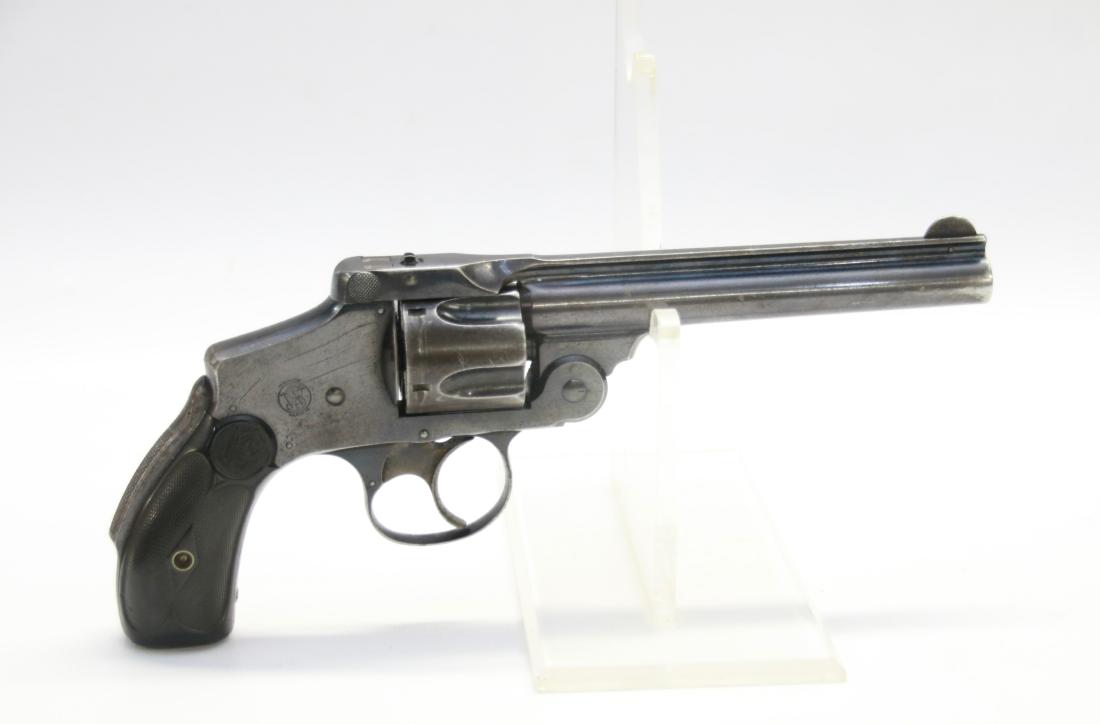 SMITH AND WESSON REVOLVER: SAFETY HAMMERLESS MODEL - .38 CAL - SER# 157907 - 65 TO 70 % ORIGINAL BLUE - ACTION WORKS GOOD - 5" BARREL