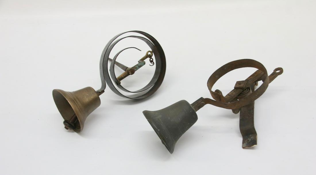 PAIR OF STORE DOORBELLS: IRON AND BRASS