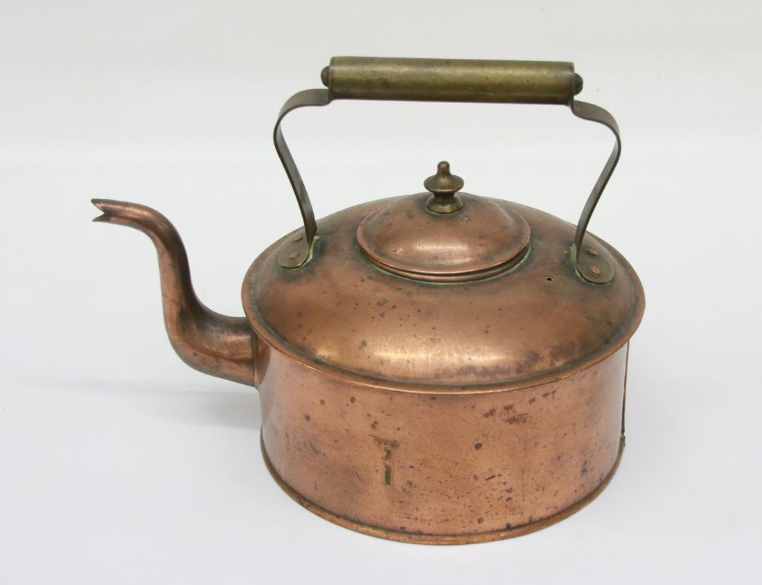 COPPER AND BRASS TEA KETTLE: COPPER AND BRASS TEA KETTLE with goose-neck and stationary handle
