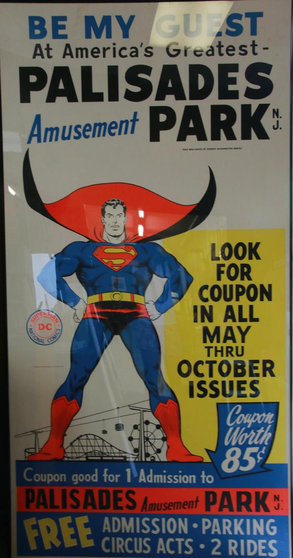 VINTAGE SUPERMAN ADVERTISING POSTER: NATIONAL PERIODICAL PUBLICATIONS, 1968. DC NATIONAL COMICS. ADVERTISING PALISADES AMUSEMENT PARK, NJ. FRAMED.
