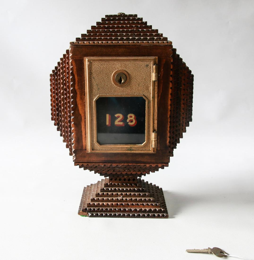 FOLK ART MAILBOX BANK: CHIP CARVED CIGAR BOXES WITH POSTAL BOX INSERT WITH KEY. LID LIFTS WITH COIN SLOT