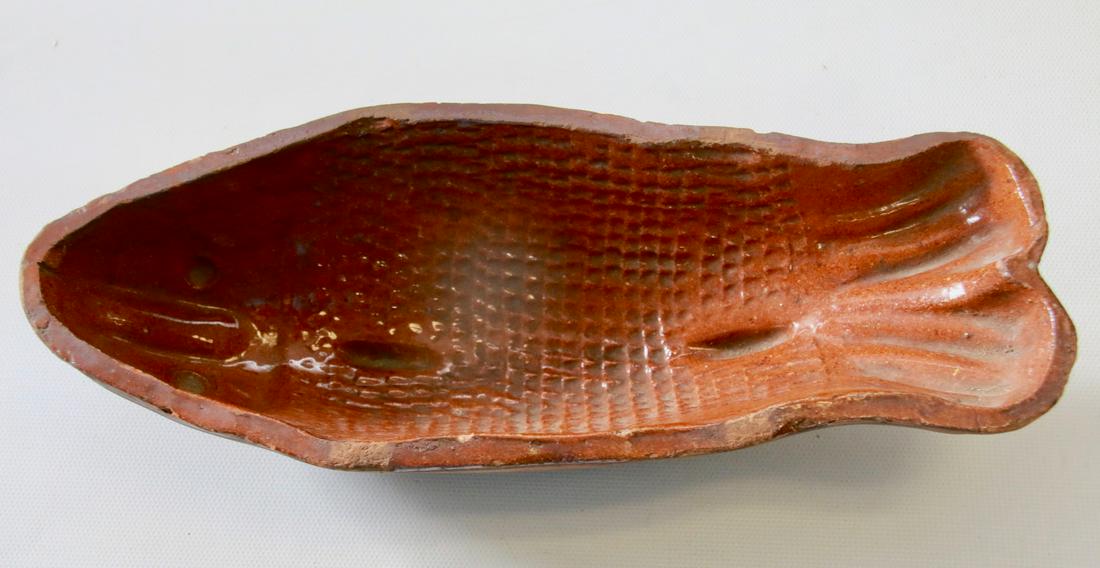 REDWARE FOOD MOLD: POTTERY FISH SHAPED MOLD