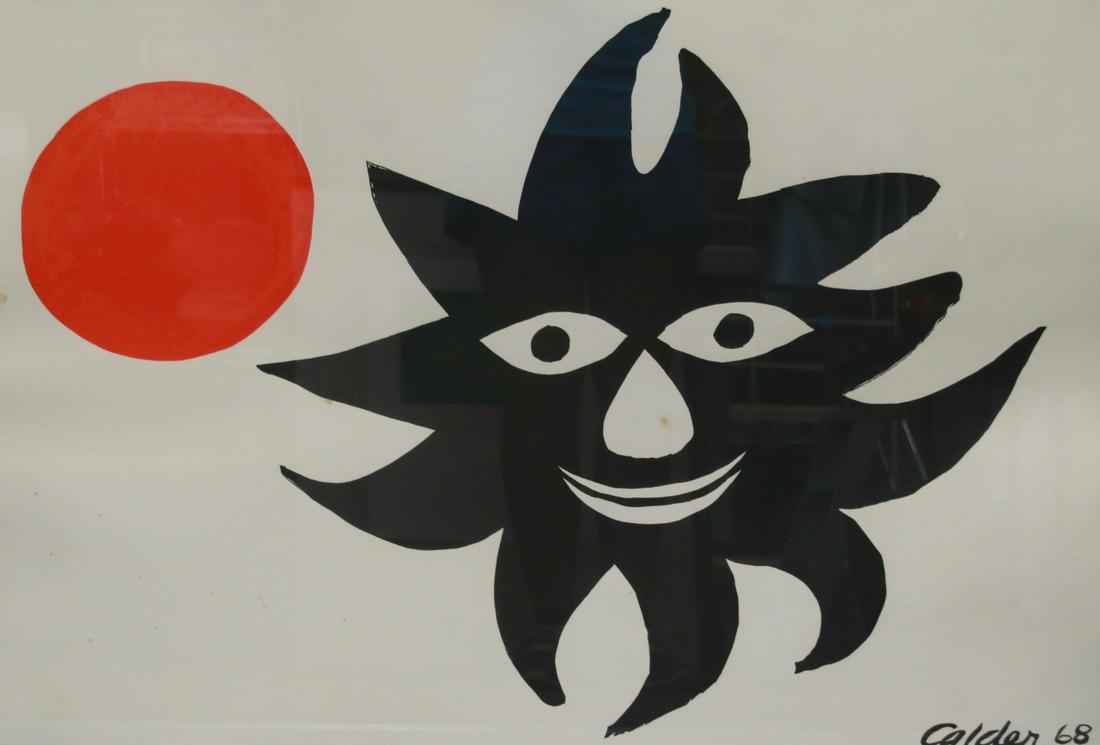VINTAGE ALEXANDER CALDER LITHOGRAPH: TITLED "COMPOSITION '68" CERTIFICATE OF AUTHENTICITY FROM PARK WEST GALLERIES. FRAMED UNDER GLASS.