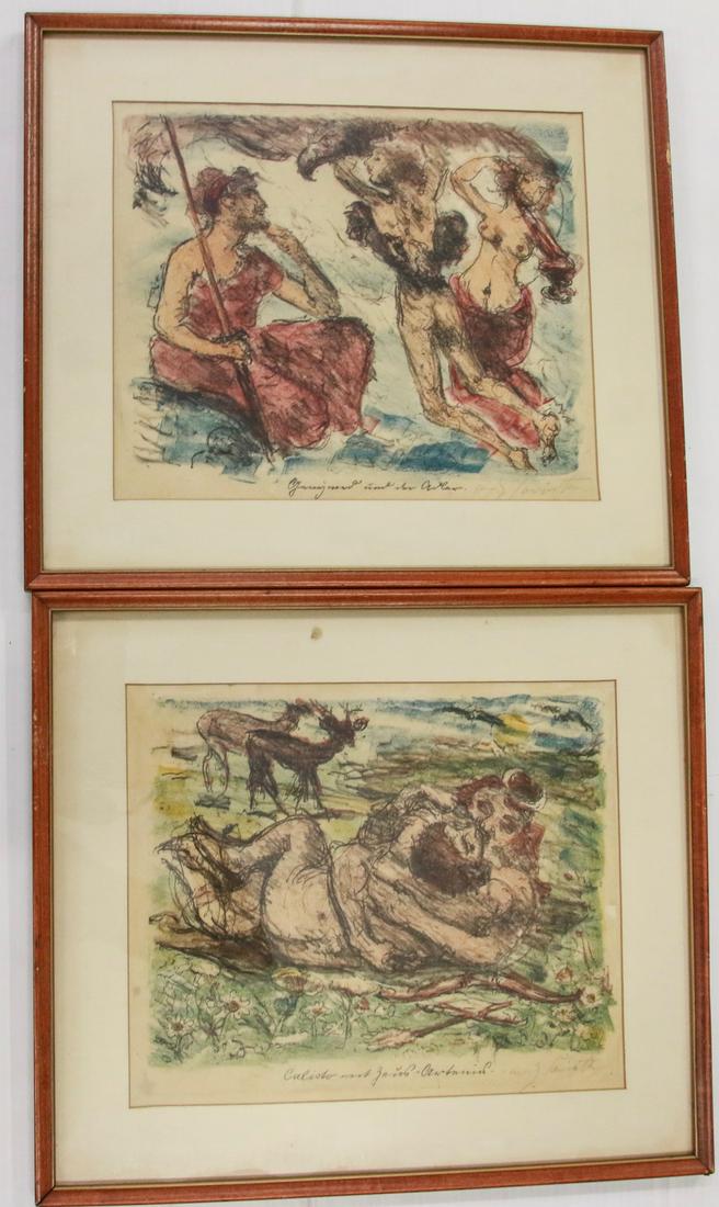 GROUP LOT OF LITHOGRAPHS BY LOVIS CORINTH: EIGHT COLORED LITHOGRAPHS (THREE FRAMED) DEPICTING VARIOUS EROTIC THEMES. SIGNED IN PENCIL BOTTOM RIGHT AND TITLED.