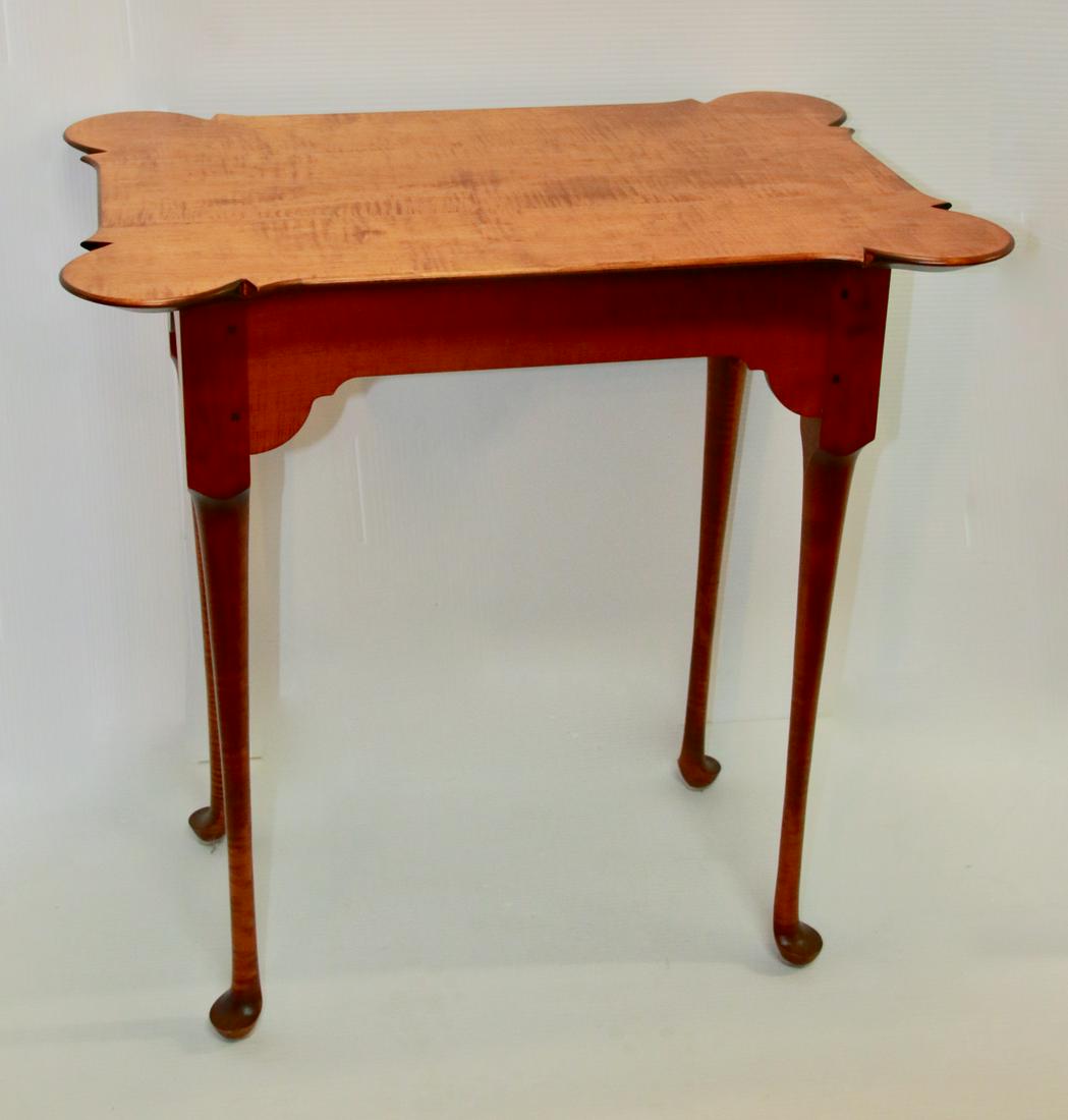 HANDCRAFTED TIGER MAPLE TEA TABLE: MARKED UNDERNEATH MADE BY "J.L. TACHORN, YOUNGSTOWN, OH." PINNED CONSTRUCTION