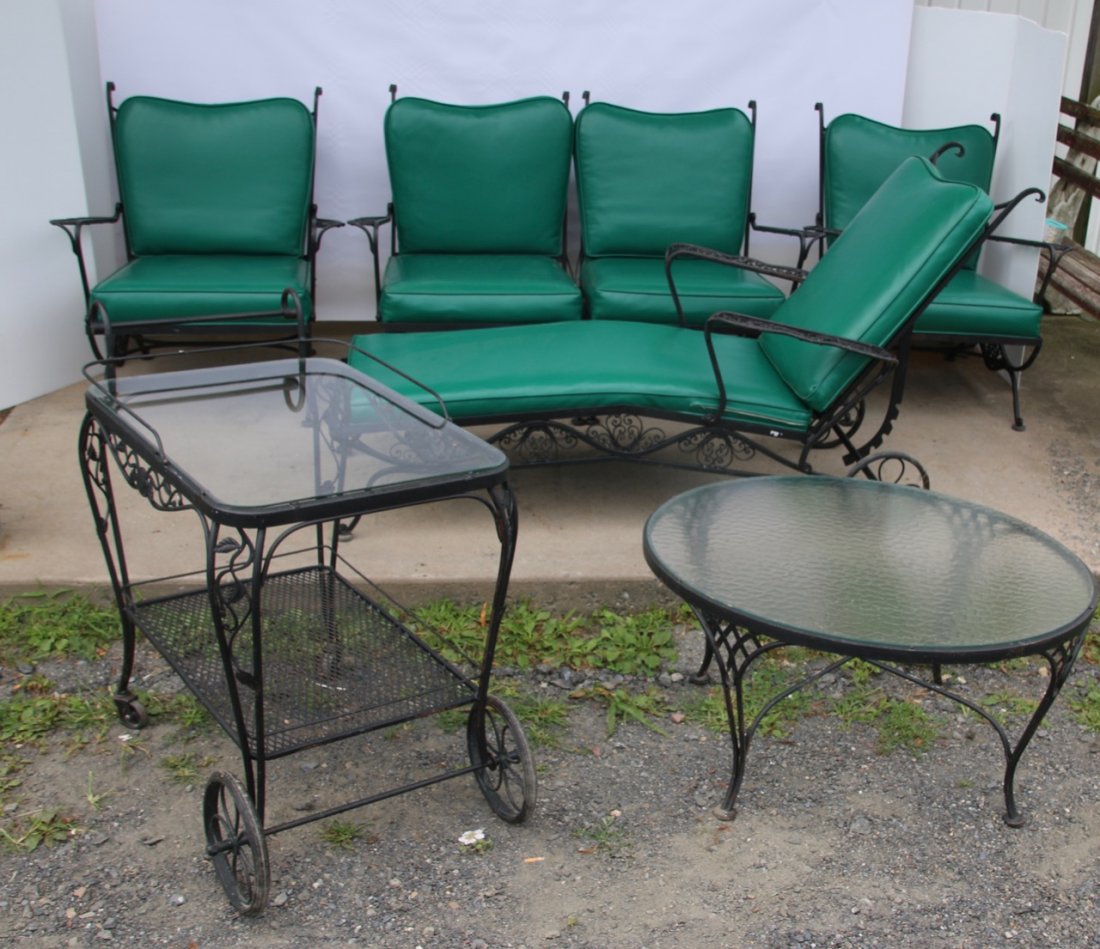 WOODARD OUTDOOR PATIO SET: 6 PIECE SET INCLUDING - LOVE SEAT, (2) SIDE CHAIRS, LOUNGE CHAIR, TEA CART, AND GLASS TOP COFFEE TABLE