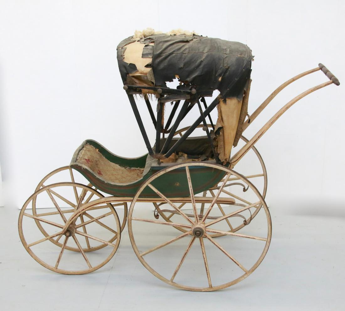 ANTIQUE BABY CARRIAGE: HANDPAINTED PINSTRIPE DECORATION