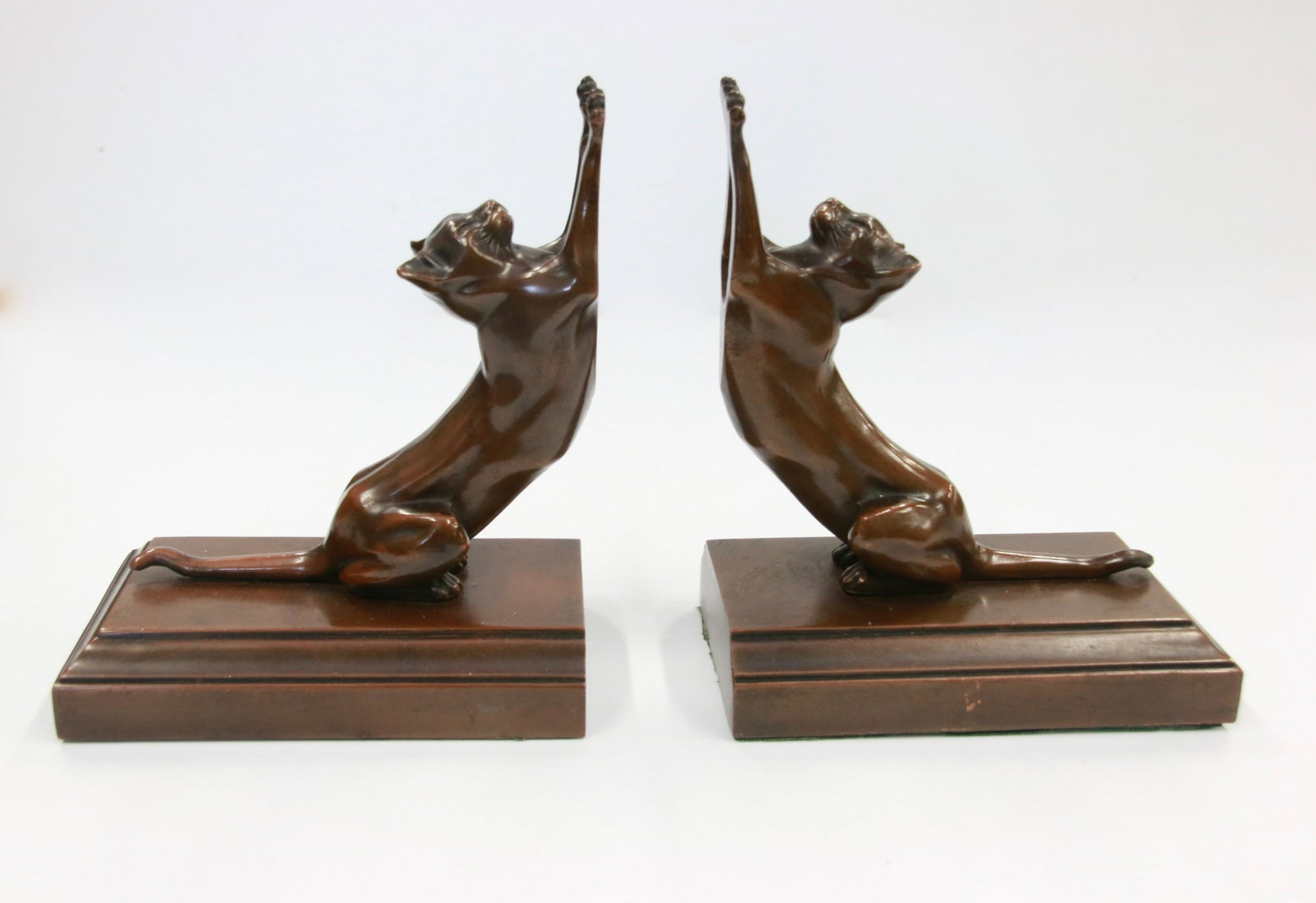 BRONZED ART DECO BOOKENDS: STRETCHING CATS" WHITE METAL BOOKENDS Size: 5 1/2" X 3 1/4" X 7